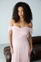 Powder Strapless Boat Neck Long Flared Lace Evening Dress - 5