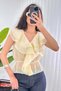 Women's Yellow V-Neck Flounce Ruffle Elastic Waist Sleeveless Woven Blouse - 3