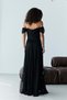 Black Strapless Boat Neck Long Flared Lace Evening Dress - 7