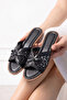 Blando Black Tulle Embroidered Floral Patterned Women's Slippers with Bow - 2