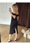 Women's Black Off-The-Shoulder Floral Appliqué Gathered Slim Fit Midi Party Dress - 4