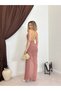 Women's Powder Color Long Halter Neck Deep V-Neck Gathered Slit Transparent Dress - 3