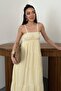 Women's Yellow Thin Strap Gipeli Striped Layered Maxi Muslin Summer Dress - 3