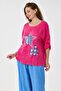 Fuchsia Italian 100% Linen Star and Flower Pattern Patched Foldable Sleeve Oversize Linen Blouse 38 - 44 Size - 2