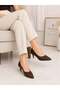 Lilya Women's Bitter Brown Pointed Toe Knitted Patterned 6 cm Thin Heeled Stiletto Shoes - 4