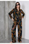 Women's Black Shawl Patterned Top and Bottom Viscose Set