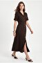 Women's New Alisa Belted Gold Buttoned Long Woven Brown Shirt Dress - 3