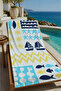 Blue Yellow Sailor Sailing Anchor and Starfish Patterned 70X150 Beach Towel - Digital Printed Fade-Resistant Bath Towel