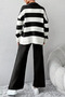 Black Women's Half Button Polo Neck Striped Knitwear Sweater Pants Two-Piece Set - 2