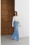 Women's Blue High Waist Wide Leg Blue Jean Pants with Cross-Closure Detail - 3