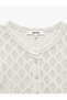 Slim Fit Cotton Crew Neck Short Sleeve Openwork Buttoned Cardigan - 3