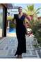 Black Collared Degaje Long Dress - 5