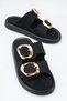 Belavia Black Suede Women's Daily Double Striped Gold Buckle Detailed Stylish Flat Sole Slippers