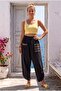 Black Embroidered Pocketed Elastic Waist Shalwar Leg Casual Linen Look Woven Trousers 90 68 - 7