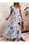 Women's Short Sleeve V-Neck Patterned Long Single Jersey Dress - 5