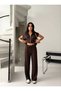 Women's Brown Poplin Detailed Double Suit with Zipper Zero Sleeve Vest Cotton Modal Wide Leg Pants - 8