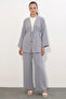 Women's Kimono Collar Drawstring Waist Gray Set