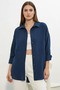 Women's Oversize Cut Linen Navy Blue Shirt - 4