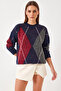 Women's Diamond Patterned Oversize Knitwear Navy Blue Red Sweater - 4