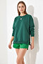 Women's Crew Neck Basic Emerald Sweatshirt with Raised Zipper Detail - 7