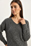 Women's Self-Textured V-Neck Anthracite Sweater - 6