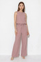 Women's Crew Neck Balloon Cut Blouse Loose Dusty Rose Trousers Set - 4