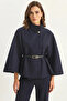 Women's Gold Button Detailed Belted Poncho Navy Blue - 5