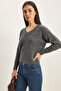 Women's Self-Textured V-Neck Anthracite Sweater - 2