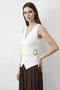 Women's Double-Breasted Collar Ecru Blouse with Gold Buckle Detail - 2