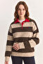 Women's Oversize Striped Polo Collar Heart Pattern Embroidered Knitwear Cream Brown Sweater - 5