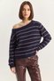 Women's Bardot Collar Striped Knitwear Navy Blue Burgundy Sweater - 2