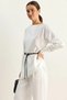 Women's Asymmetrical Cut Belt Detailed Satin White Blouse - 2