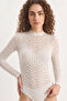 Women's Long Sleeve Half Turtleneck Transparent Tulle Lace Bodysuit White - 5