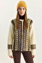 Women's Ethnic Patterned Oversize Crew Neck Knitwear Cream Sweater - 5