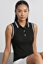 Women's Polo Neck Ribbed Athlete Black Zero Sleeve Blouse - 2