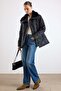 Large Size Short Quilted Coat with Fur Collar Detail Black 6904 - 3