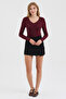 Women's Burgundy V-Neck Slim Fit Finger-Loop Ultra Soft Flexible Lycra Cotton Basic Body&Blouse - 6