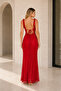 Women's Red Lace Slit Backless Strap Long Evening Dress - 4