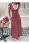 Women's Short Sleeve Deep V Neck Lace Detailed Floral Patterned Long Single Jersey Dress