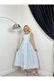 Women's Floral Patterned Square Neck Strappy Gipeli Waist Midi Summer Dress