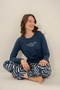 Women'S, Navy Blue, Patterned, Long Sleeve Pajama Set (with Socks as a Gift) - 6