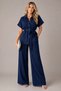 Women's Navy Blue Stone Buttoned Double Suit Linen Belted Loose Wide Leg Pants with Shirt Bohemian