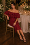 Women's Burgundy Off-The-Shoulder Flounce Pencil Cut Midi Evening Dress 164 - 6