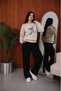 Women's Pearl Pendant Ribbon Printed Comfortable Fit Crew Neck Beige Sweatshirt - 2