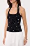 Siyah Havuz Yaka Vücudu Saran Crop Mücevher Detaylı Triko İnce Bluz TWOSS26BZ00317 - 3