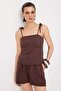 Brown Tencel Blended Strappy Crop Denim Blouse Twoss26Bz00830