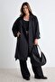 Siyah Oversize Kuşaklı Su İtici Uzun Trençkot TWOAW24TR00019 - 5