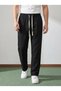 Men's Baggy Fit Elastic Waist 100% Cotton Linen Look Trousers Black 1007Dngr - 5