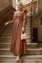 Pleated Ruffle Detailed Leather Dress 1191 - Brown - 3