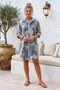 Italian Blue-Beige Shirt Collar 3/4 Sleeve Shawl Patterned Pocket Casual Linen Look Woven Dress 93 64 - 4